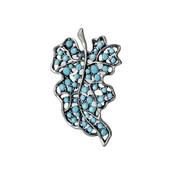 1870s Silver Tone Filgree Faceted Turquoise Round Glass Cabs Leaf Pin Brooch - Picture 1 of 3